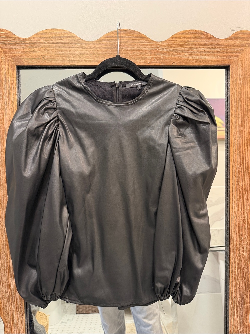 Olivaceous Black Faux Leather Puff Sleeve Blouse
